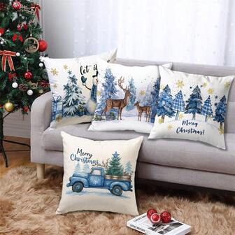 4pcs Christmas Tree, Snowman, Reindeer, Car Element Soft Comfortable Single-Sided Printed Pillow Covers (Inserts Not Included), Suitable For Bedroom, Living Room, Sofa, Christmas Party Decoration