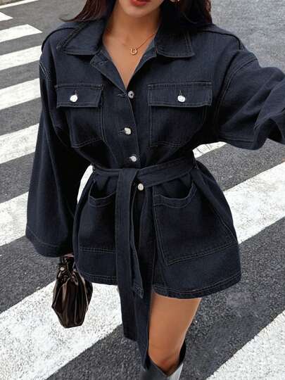 DEEKA 秋季新款女式束腰收腰翻领大码宽松牛仔夹克单排扣上衣