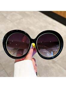 Women's Large Round Frame Glasses - Black Frame Non-Prescription Decorative Glasses, Retro Modern Daily And Special Occasion Style, Fashion Accessories, Metal Hinge Design - Màu đen, chuyển sắc vàng, xám - Xem 7