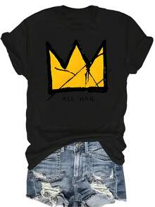 Camiseta con estampado de corona de dibujos animados, unisex, de verano, casual, transpirable, de personalidad, cuello redondo, manga corta, ropa de calle, versátil, adecuada para adolescentes y adultos - Negro - Ver 1