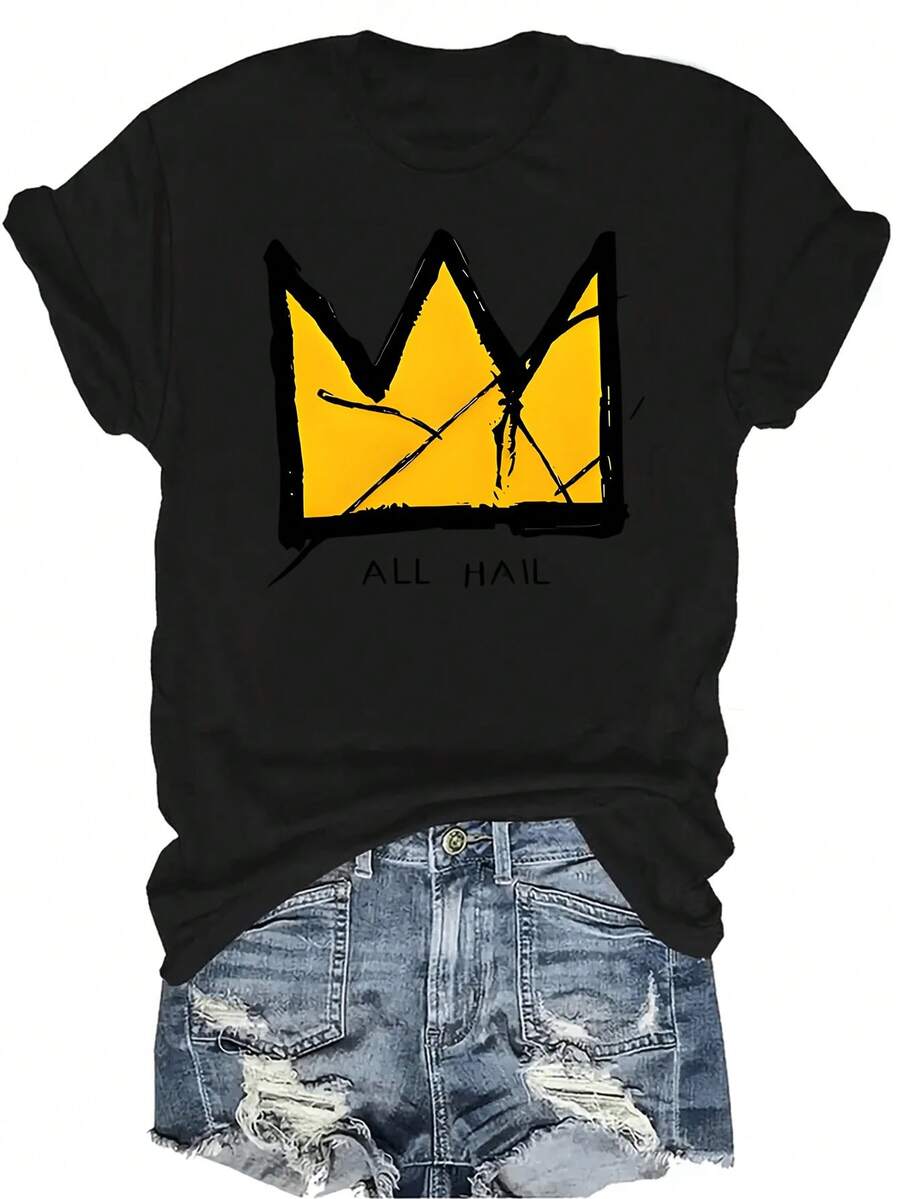 Camiseta con estampado de corona de dibujos animados, unisex, de verano, casual, transpirable, de personalidad, cuello redondo, manga corta, ropa de calle, versátil, adecuada para adolescentes y adultos - Negro - Ver 1