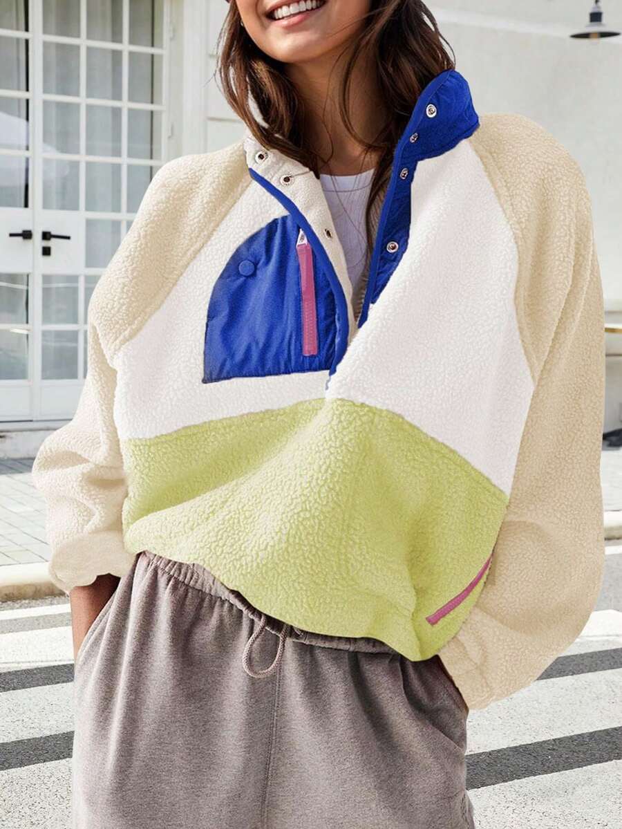 Women's Lightweight Fleece Pullover Jacket Cropped Fall Winter Fuzzy Sherpa Jacket Sweatshirt Coat With Pockets - 米色 - 查看 1