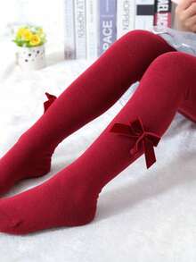 5pcs Girls' Solid Color Leggings Tights, Bow Decor Stirrup Pants Suitable For Everyday Wear, All Seasons