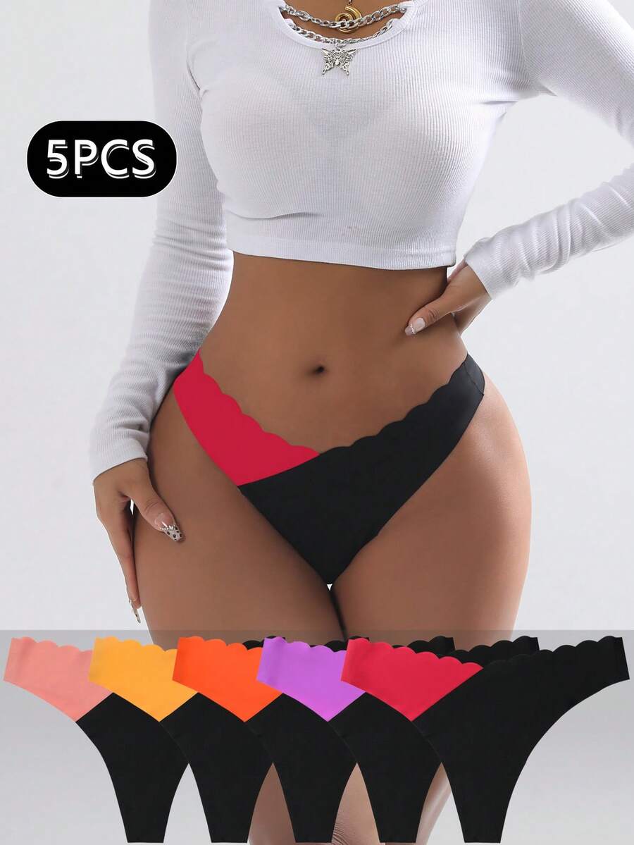 5 件/包无缝扇贝设计女士内裤，舒适撞色丁字裤，豹纹和丝绸面料，适合所有季节和日常穿着