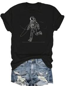 Camiseta de astronauta unisex, de verano, casual, transpirable, con personalidad, cuello redondo, manga corta, ropa de calle, versátil, adecuada para adolescentes y adultos - Negro - Ver 1