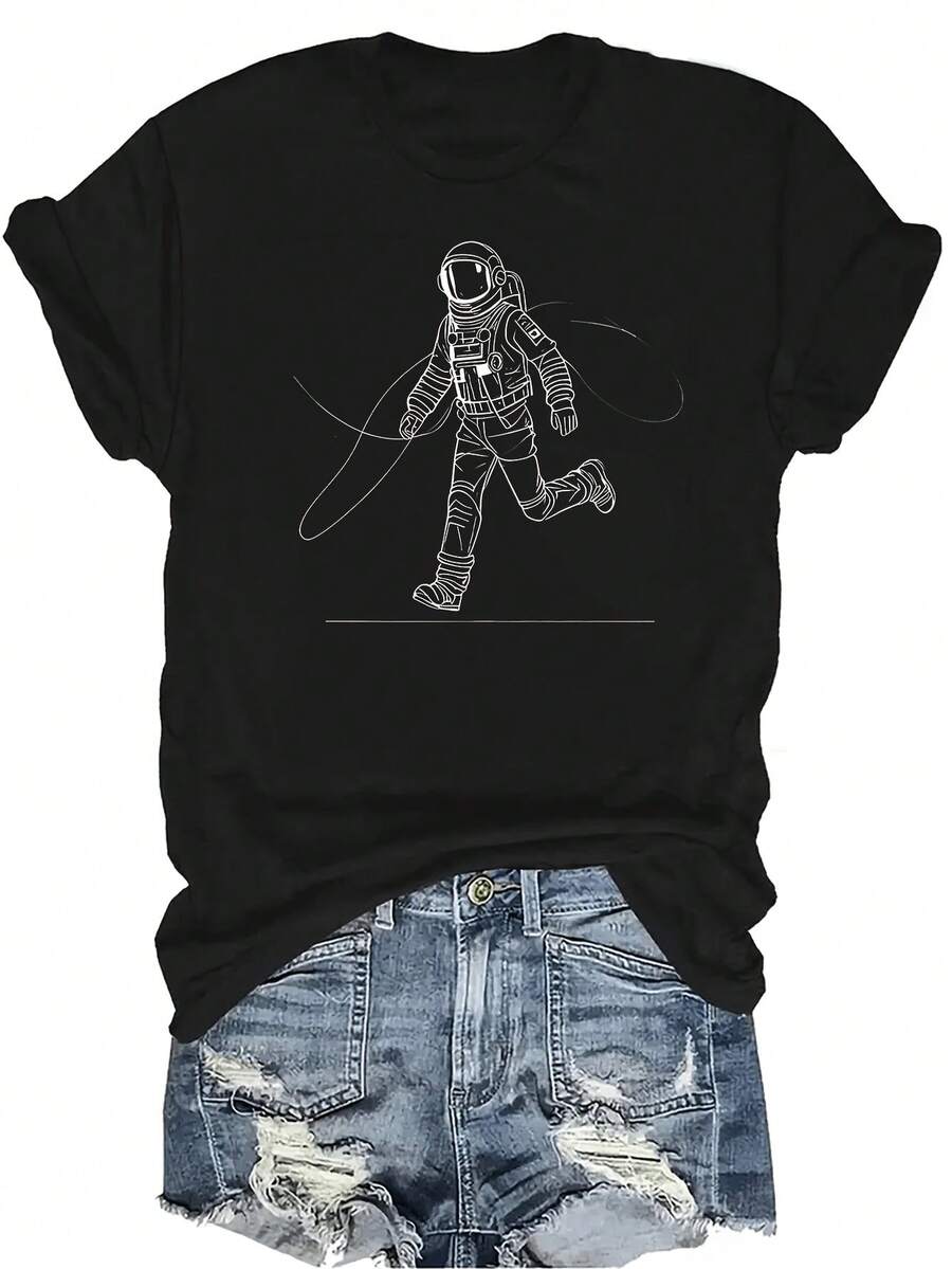 Camiseta de astronauta unisex, de verano, casual, transpirable, con personalidad, cuello redondo, manga corta, ropa de calle, versátil, adecuada para adolescentes y adultos - Negro - Ver 1