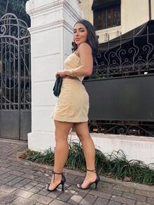 Short Jean Dress Women's Lycra-Free Denim Cami Waist Cut Dress - 杏色 - 查看 2