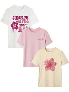 Set de 3 playeras modernas y juveniles estampadas multicolor, cómodas y versátiles - Multicolor - Ver 3