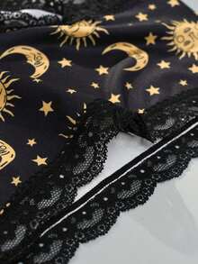 3pcs Gothic Style Sexy Underwear For Women, Sun, Star, Moon Multicolor Prints, Lace Patchwork, Comfortable & Silky, Lingerie