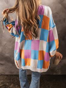 Acelitt 女士彩色格子撞色可爱休闲宽松长袖开衫毛衣，秋冬度假款 - 彩色 - 查看 2