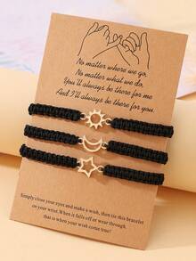 Goodwaro 3pcs Creative Metal Sun, Moon, Star Friendship Bracelets With Handmade Braided Ropes. Suitable For Women For Daily Wear, And Packaged With A Card, Good For Gifting - Black - View 5