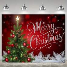 1pc Christmas Banner, Merry Christmas Design, Red Background With Green Trees And Snowflakes - Versatile Holiday Decor For Home, Party And Studio Backdrop, Multiple Sizes, No Power Required