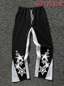 (2PC)Men's Casual Printed Hoodie And Sweatpants Set, Autumn And Winter Men's Sportswear, Men's Fashion  Sportswear With Printed  American Hip-Hop  With Personalized Patterns Focuson The Good Things - 黑色 - 查看 4