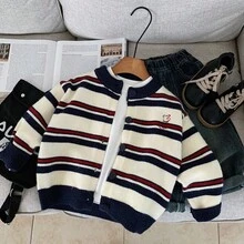 Boys' Striped Cardigan Sweater, 2025 Autumn New Casual Retro Contrast Color Cute Korean Style Loose Jacket - Navy Blue - View 1
