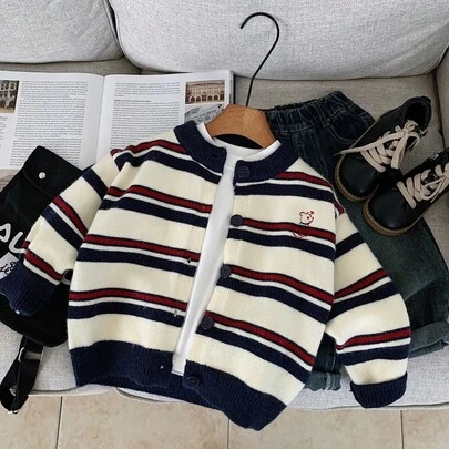 Boys' Striped Cardigan Sweater, 2025 Autumn New Casual Retro Contrast Color Cute Korean Style Loose Jacket