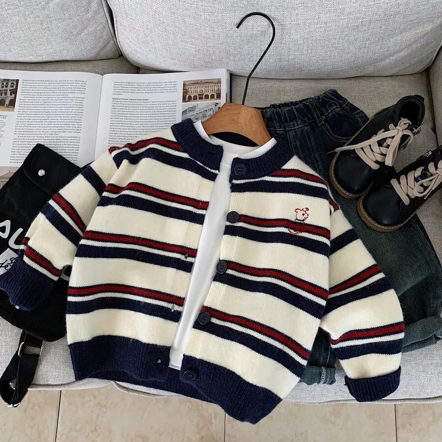 Boys' Striped Cardigan Sweater, 2025 Autumn New Casual Retro Contrast Color Cute Korean Style Loose Jacket - Navy Blue - View 1