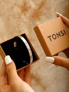 TONSI 1pc Stainless Steel 18K Gold Plated Cuff Bracelet, Delicate Cubic Zirconia Inlaid, Jewelry Gift Box, Best Birthday/Holiday Gift For Women - Steel Bracelet Gift Box - View 10