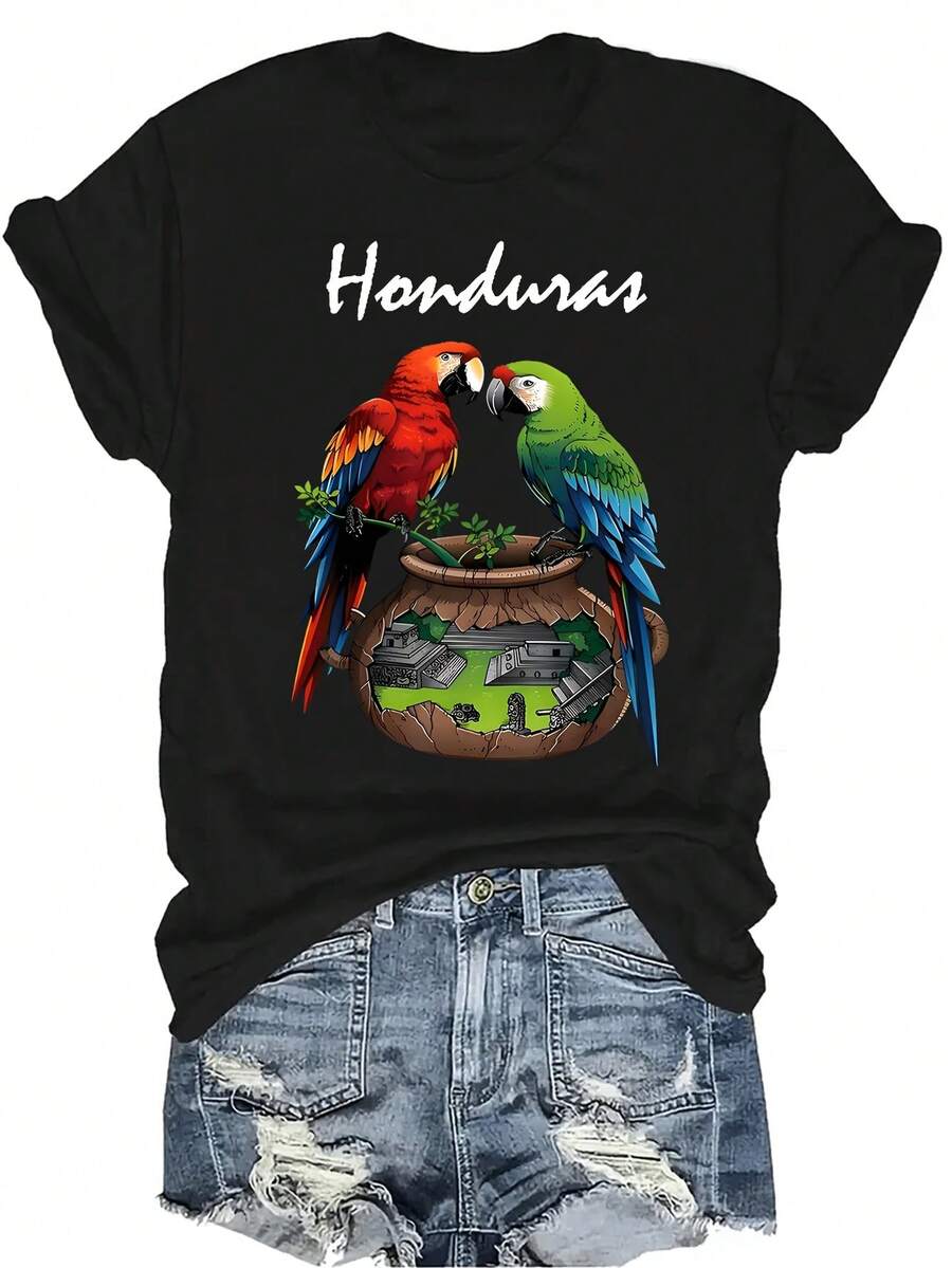Camiseta unisex de loro de dibujos animados y Honduras, de verano, casual, transpirable, con personalidad, cuello redondo, manga corta, ropa de calle, versátil, adecuada para adolescentes y adultos - Negro - Ver 1