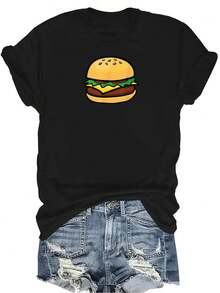 Camiseta unisex de verano casual y transpirable con emoticono de cheeseburger, hamburguesa, queso y barbacoa, de cuello redondo y manga corta, estilo urbano versátil, adecuada para adolescentes y adultos - Negro - Ver 1