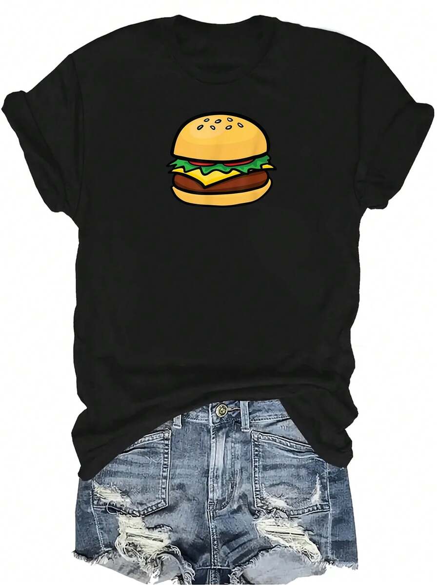Camiseta unisex de verano casual y transpirable con emoticono de cheeseburger, hamburguesa, queso y barbacoa, de cuello redondo y manga corta, estilo urbano versátil, adecuada para adolescentes y adultos - Negro - Ver 1