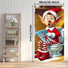 1pc, 35.4x70.8 Inches (90x180 Cm), Merry Christmas, 2D Christmas Curtain Design With The Theme Of Christmas Elves Reading In The Toilet, Made Of Polyester, Suitable For Birthdays, Parties, Celebration Events, Indoor/Outdoor Decoration, Home, Porch, Lawn, Garden, Courtyard Decoration, Universal Theme, With Holes For Easy Hanging