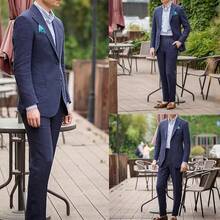 Mens Linen Suits 2 Piece Beach Wedding Blazer Summer Grooms Classic Lightweight Breathable Jacket Pantshalloween - Hải quân - Xem 2