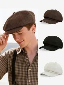 1pc Unisex Classic Solid Color Simple Octagonal Cap, Suitable For Autumn/Winter Daily Outdoor Wear, Warm And Windproof, Great As A Gift - Multicolor - View 9