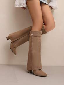 女士尖头高跟高筒靴，2025 年秋冬新品系列，米色和黑色弹力修身过膝粗跟拉链高筒靴，女士时尚靴子 - 杏色 - 查看 6