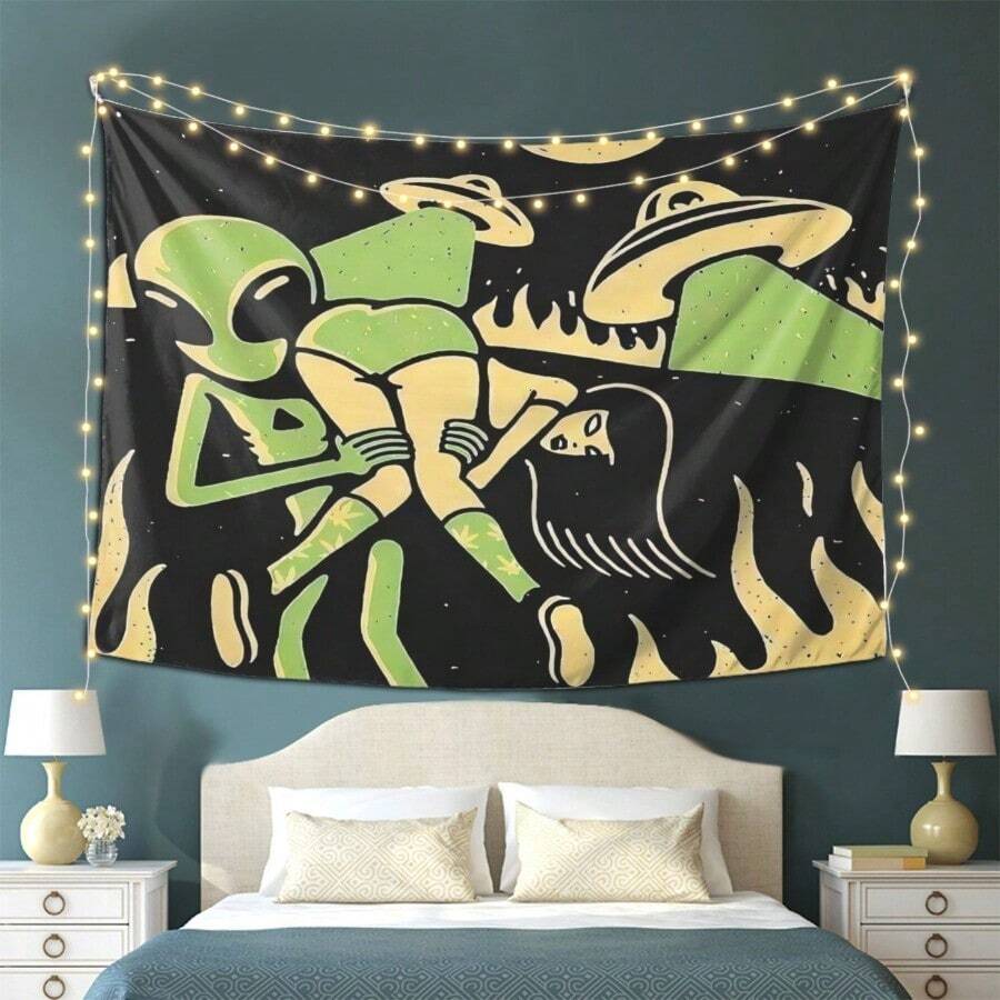 Fun Alien Wall Hanging Tapestry Vibrant Green & Yellow Alien Art On Black Background Horizontal Indoor Wall Decor For Living Room Bedroom Office For Man Cave No Power Required MusicThemed Home Decoration For Galaxy Room Decor Quality Fabric Artwork - 彩色 - 查看 1