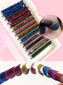 1 Case 12 Rows Glitter Eyelash Summer Colorful Shiny Lashes Wedding Concert Party Eye Lash 10-15mm Silvery Blue Green Purple Pink Yellow Gold Eyelashes - 彩色的 - 查看 5