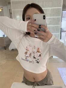 女式休闲卡通猫咪印花修身短款长袖T恤，百搭，棉质，春秋季 - 白色 - 查看 9