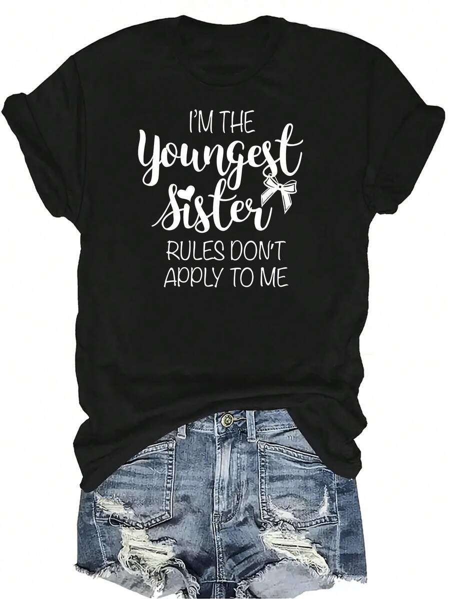 Camiseta con letra T para la hermana talla grande joven, unisex, de verano, casual, transpirable, de personalidad, cuello redondo, manga corta, ropa de calle, versátil, adecuada para adolescentes y adultos - Negro - Ver 1