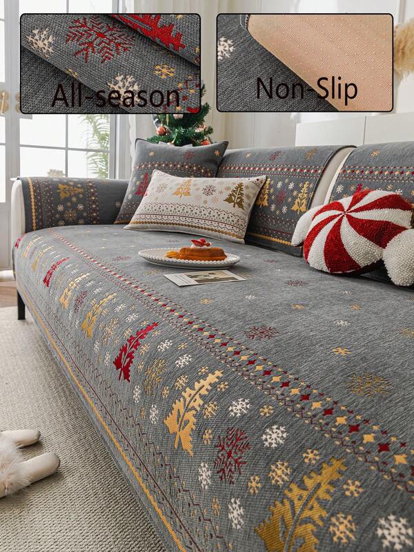 1pc Deep Grey Christmas Sofa Cover, Soft & Comfortable, Can Be Spread Or Draped, Dust-Proof & Dirt-Resistant, Machine/Hand Washable, Pet Furniture Protector, Suitable For 2/3/4 Seater Sofas (Multiple Sizes Available), Suitable For Autumn Decor, Room Decor, Back To School, School Supplies
