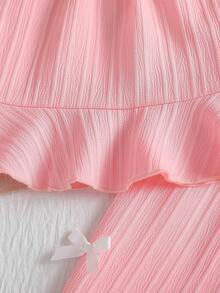 2pcs Baby Girls' Solid Color Spaghetti Strap Camisole Top With 3D Bow Decor & Ruffle Hem, Straight Leg Pants Set, Pink, Valentine's Day/Birthday Gift, Spring/Summer - Pink - View 6