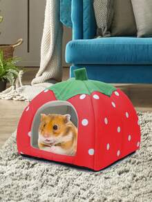 1pc Strawberry Pattern Hamster Bed, Rabbit Hideaway, Warm & Cozy Small Pet Nest, Washable, Suitable For Small Pets, Ferrets, And Rabbits - Red - View 2