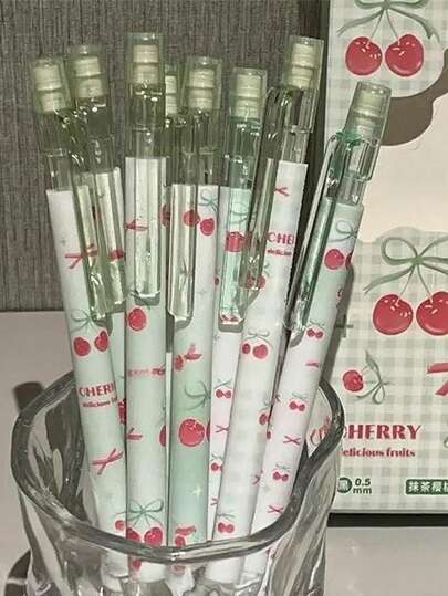 4pcs Matcha Color Cherry Automatic Pencils, Fashionable High-Quality Butterfly/Red Cherry Mechanical Pencils, Durable 0.5mm Lead, Back To School, Student & Office Supplies