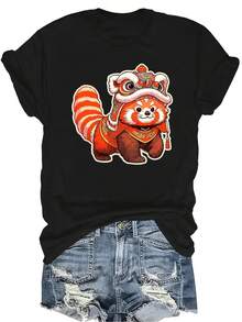 Camiseta con estampado de sombrero de danza del león de panda rojo de dibujos animados, unisex, de verano, casual, transpirable, de personalidad, de cuello redondo, de manga corta, ropa de calle, versátil, adecuada para adolescentes y adultos - Negro - Ver 1