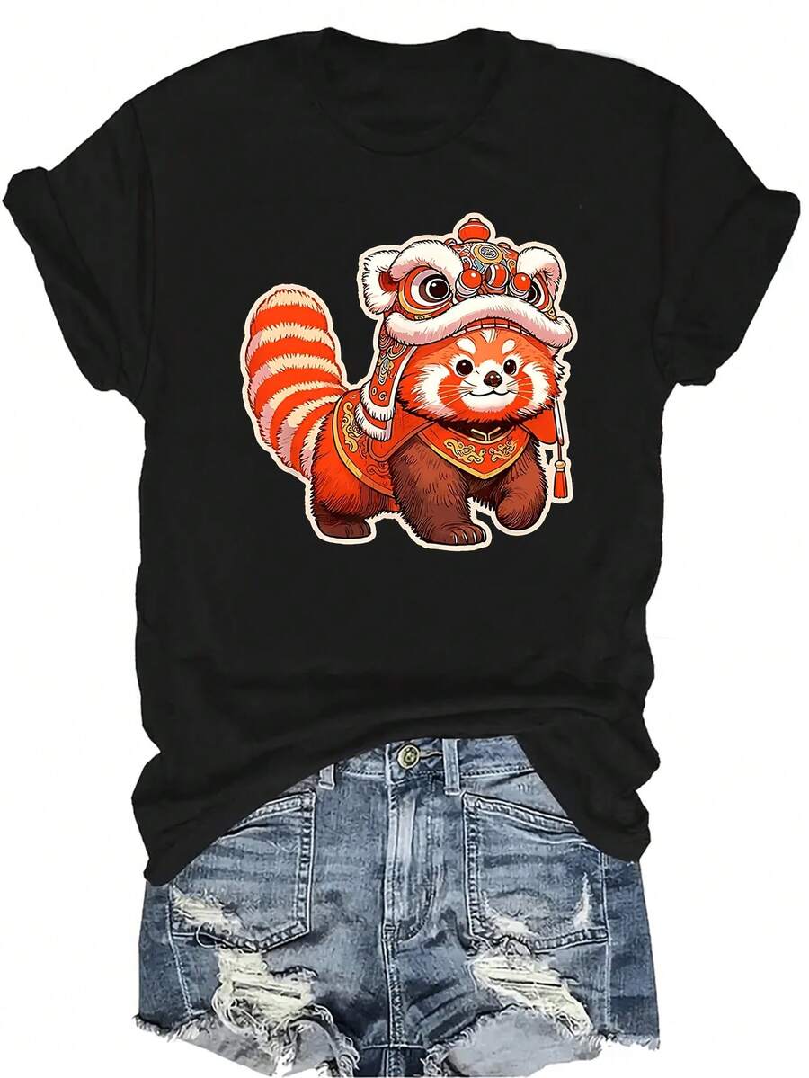 Camiseta con estampado de sombrero de danza del león de panda rojo de dibujos animados, unisex, de verano, casual, transpirable, de personalidad, de cuello redondo, de manga corta, ropa de calle, versátil, adecuada para adolescentes y adultos - Negro - Ver 1