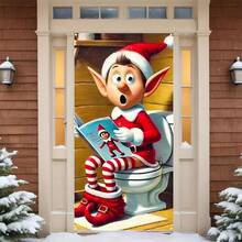 1pc, 35.4x70.8 Inches (90x180 Cm), Merry Christmas, 2D Christmas Curtain Design With The Theme Of Christmas Elves Reading In The Toilet, Made Of Polyester, Suitable For Birthdays, Parties, Celebration Events, Indoor/Outdoor Decoration, Home, Porch, Lawn, Garden, Courtyard Decoration, Universal Theme, With Holes For Easy Hanging