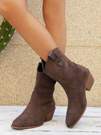 Fall/Winter Women's Brown Suede Short Cowboy Boots - Fashionable Pointed Toe Chunky Heel Cowgirl Boots, Comfortable & Versatile! European & American Style Suede Ankle Boots, Fashionable Chunky Heel Western Cowboy Boots, Casual Women's Ankle Boots, Simple & Versatile Ladies Ankle Boots, Comfortable Suede Mid-Calf Boots, Knee-High Boots, Women's Ankle Boots