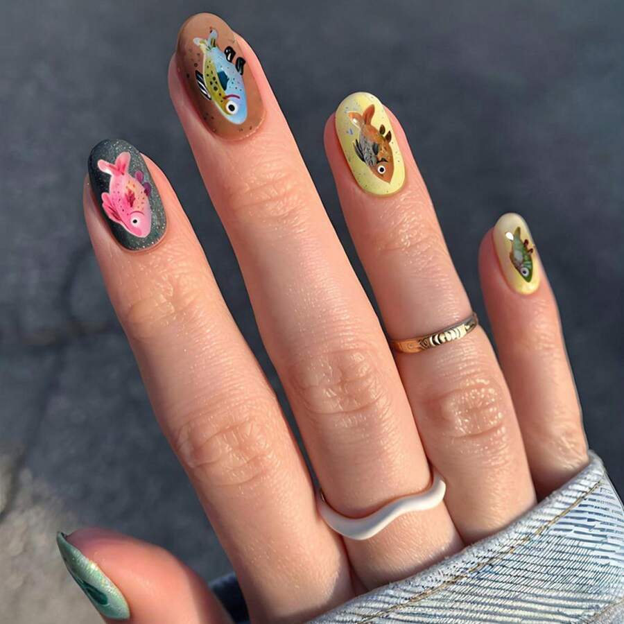 2025 New 24 Pcs Almond Shape High-End Hand-Painted Colorful Fish Press-On Nails With 3D Detailing - Handmade Y2K Retro Euro-American Vibrant Aesthetic, Reusable Long-Lasting For Summer Pool Party & Daily Office Wear | Unas Press On, Unas Postizas & Easy-To-Apply Fake Nail Art - PHONG CÁCH - Xem 1