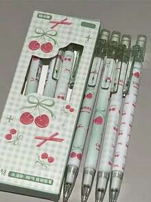 4pcs Matcha Color Cherry Automatic Pencils, Fashionable High-Quality Butterfly/Red Cherry Mechanical Pencils, Durable 0.5mm Lead, Back To School, Student & Office Supplies - Multicolor - View 3