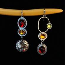 1 Pair Elegant Asymmetric Enamel Colored Glass Unique Personalized Earrings, Versatile For Autumn/Winter, Vintage Novelty Gemstone Earrings, Suitable For Halloween, Christmas, Holiday Gifts - Silver - View 1