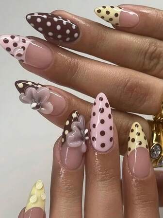 Pure Handmade Nails 3D Nails Polka Dot Nails Brown Nails Autumn Nails Fall Nails 3D Flower Nails Press On Nails 3D Floral Nails 10Pcs Fake Nails For Women Girls Daily Wear