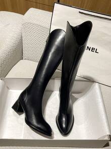 2025 hochwertige, stark nachgefragte Herbst-Neuheit mit mittlerem Absatz und dickem Absatz, vielseitige modische V-Schaft Kniehohe Stiefel, elegante minimalistische Overknee-Stiefel mit spitzer Zehenpartie für Frauen