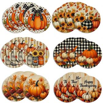 4pcs/6pcs/8pcs Set Thanksgiving Pumpkin, Maple Leaf, Sunflower Autumn Floral Vase Plaid Round Placemats, 14 Inch, Vintage Farmhouse Style, Autumn Holiday Table Decor For Party, Kitchen, Dining Room