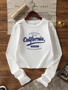 女士秋冬新款棉质字母印花休闲修身圆领短款图案T恤 - 白色 - 查看 4