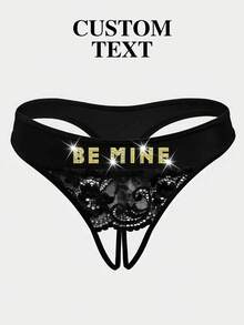 Custom Women Sexy Underwear, Rhinestone Letter Decor New Sexy Ladies Lingerie, Open Crotch Lace Sheer See-Through G-String Panties