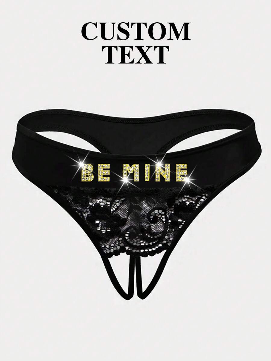 Custom Women Sexy Underwear, Rhinestone Letter Decor New Sexy Ladies Lingerie, Open Crotch Lace Sheer See-Through G-String Panties