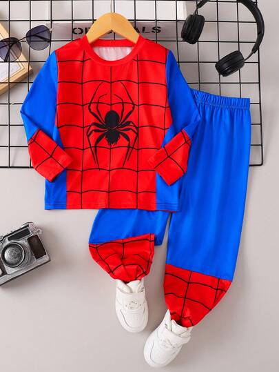 Conjunto de 2 peças para meninos, festa casual, estilosa e fofa, presente, confortável, para atividades ao ar livre, com estampa de aranha em blocos de cores, vermelha e azul, gola redonda, manga comprida, blusa e calças retas, outono